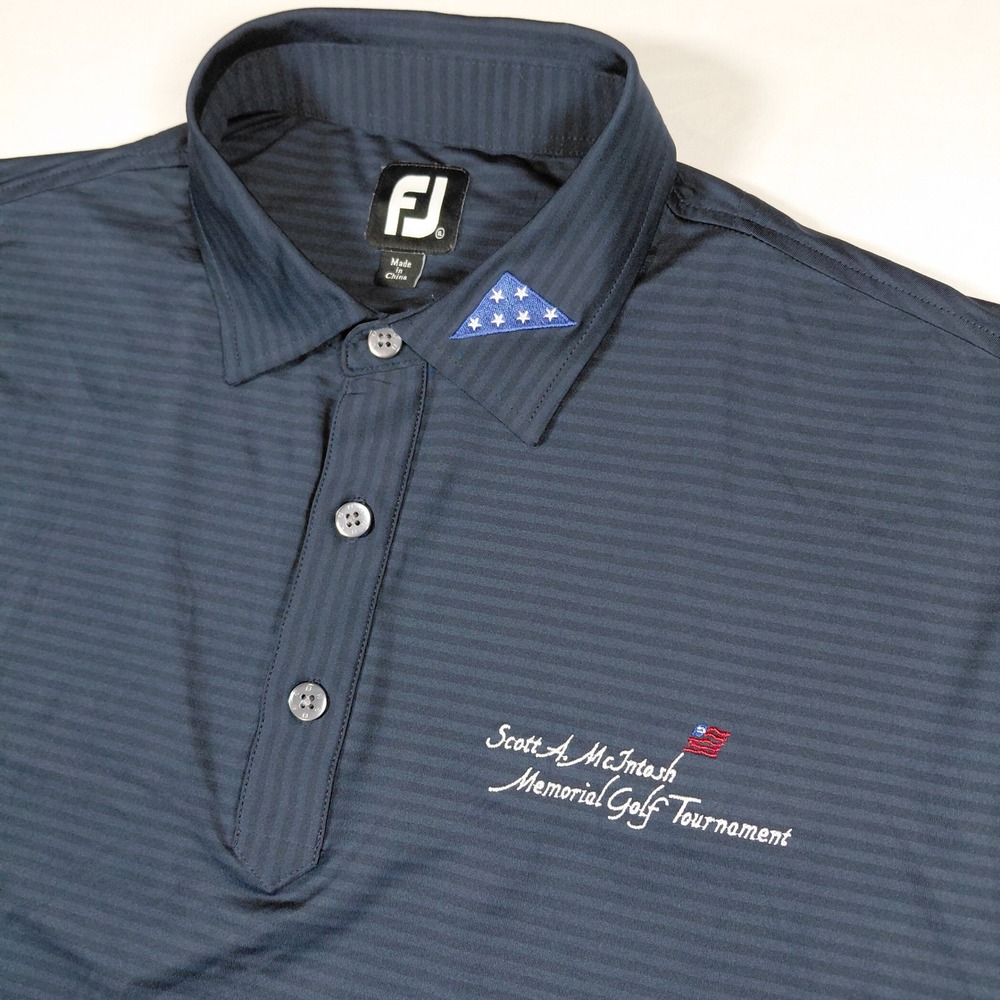 FootJoy Mens XL Navy Blue Striped Golf Polo Scott A McIntosh Folds of Honor Tour